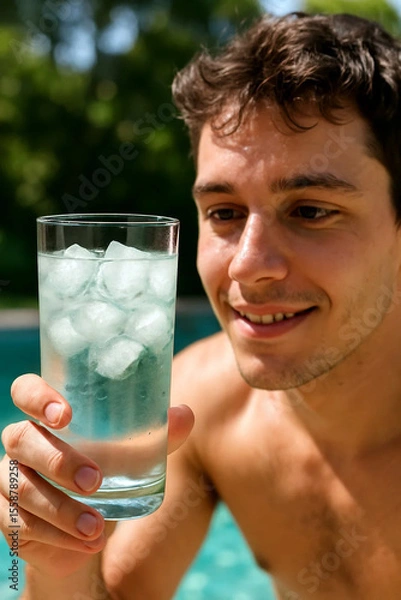 Obraz A smiling young man by the pool admires a cold glass of ice water on a sunny summer day