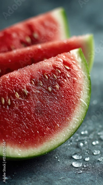 Fototapeta slices of ripe watermelon glistening with droplets of water