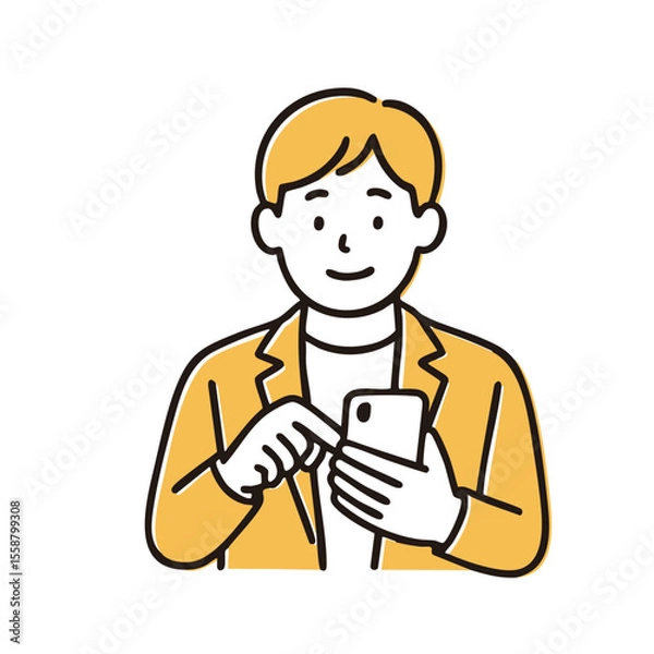 Fototapeta Man tapping smartphone screen, minimal line art illustration