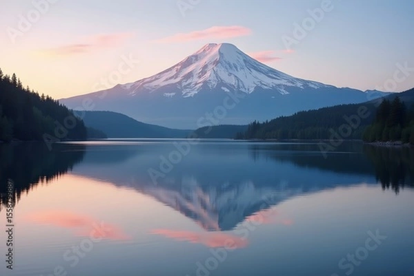 Obraz Snow capped mountain reflection in calm lake image