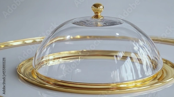Fototapeta Elegant gold trimmed glass cloche dome serving tray for food presentation and display on white surface