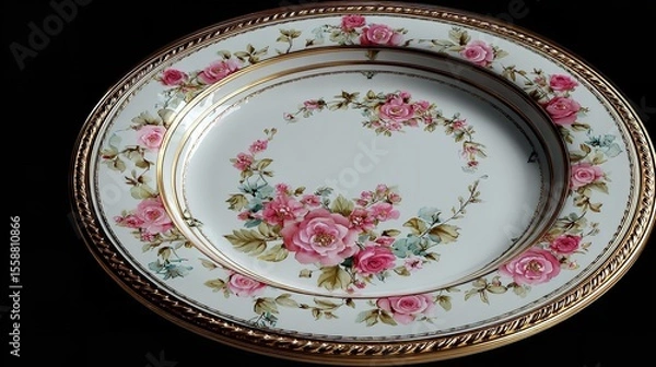 Fototapeta Elegant floral china plate with gold trim and rose design for home decor and table setting display style