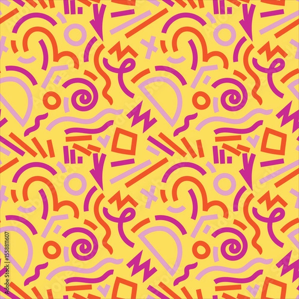 Fototapeta Abstract 80s or 90s hand drawn seamless pattern. memphis style hand drawn illustration. Bright trendy color palette. Circles, squares, lines, spiral. Yellow, pink, orange