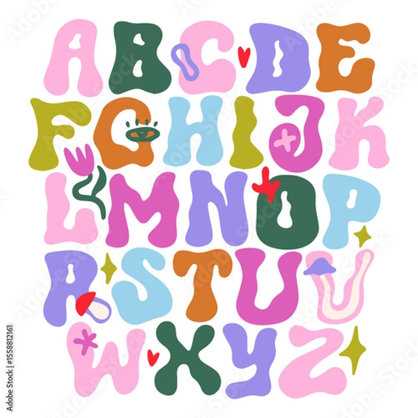 Fototapeta Groovy liquid positive vibe aesthetic hand-drawn bright color alphabet font with flowers and mushrooms in hippie bohemian groovy postmodern funky 1960s boho mushroomcore trendy psychedelic style