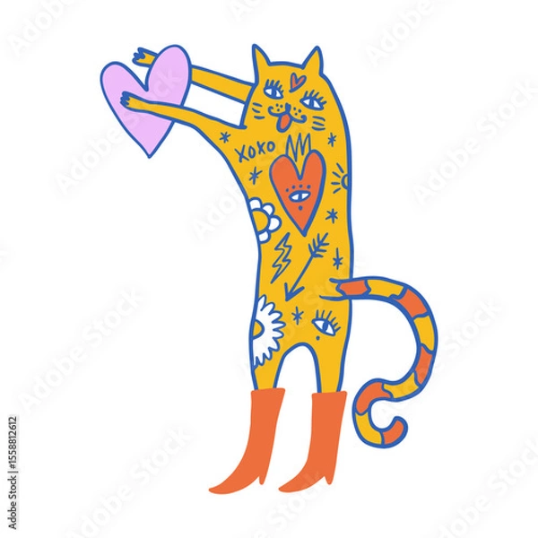 Fototapeta Vector clipart fashion tattooed ginger orange fur color cat in red color boots sticker. EPS and JPG illustration. Funky kitten doodle trendy print, colorful hand drawn childish cartoon positive vibe