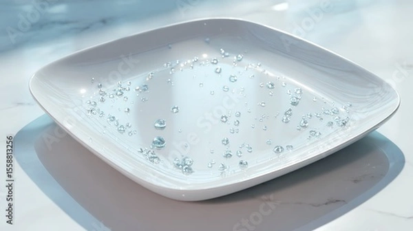Fototapeta White plate with water droplets close up shot for product photography and abstract background images use