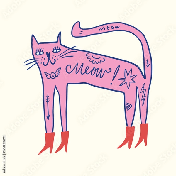 Fototapeta Vector clip-art fashion tattooed cat in red color boots sticker. EPS and JPG illustration. Funky kitten doodle trendy print, colorful hand drawn childish cartoon positive vibe art. Groovy kids girlish