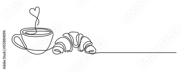 Obraz One continuous line drawing of coffee cup and French croissant on transparent background. Minimalist line art design for cafe or restaurant menu, web banner. Editable stroke. Vector Illustration