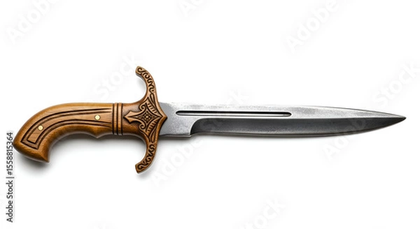 Fototapeta A centered pirate dagger replica with light wooden handle, displayed flat on white backdrop
