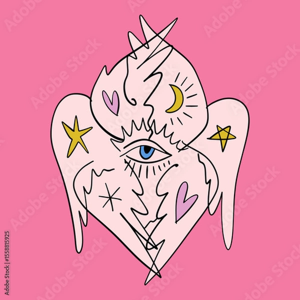 Fototapeta Bible cartoon pink accurate angel hand-drawn doodle psychedelic illustration with many eyes isolated clipart on white background. Perfect for tattoo or sticker or t shirt print and more. Be not afraid