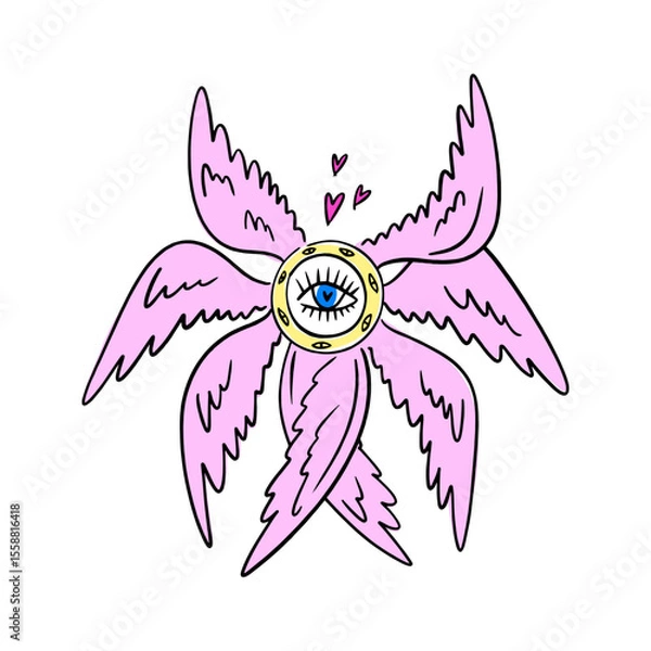 Fototapeta Bible cartoon pink accurate angel hand-drawn doodle psychedelic illustration with many eyes isolated clipart on white background. Perfect for tattoo or sticker or t shirt print and more. Be not afraid
