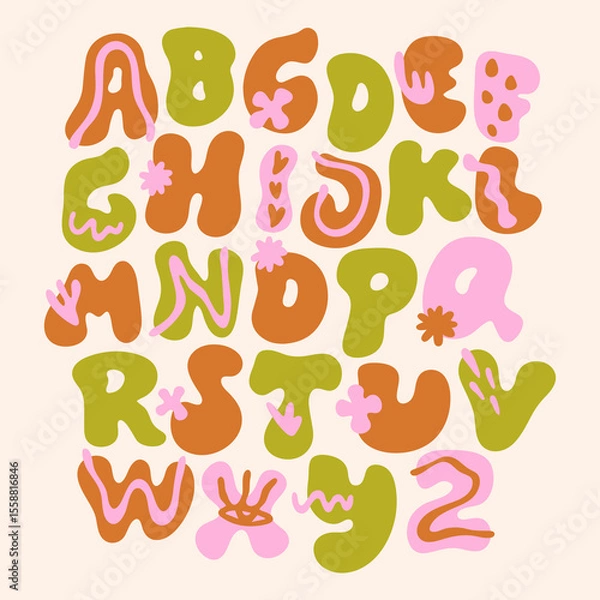 Fototapeta Groovy liquid positive vibe aesthetic hand-drawn bright color alphabet font with flowers in hippie bohemian groovy postmodern funky 1960s boho trendy psychedelic style. Perfect for posters, collages