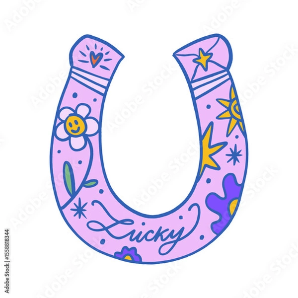Fototapeta Cowgirl western art groovy boho hippie coquette aesthetic. Horseshoe with Lucky text lettering. Hand drawn line coloring art vector illustration clipart. Bohemian postmodern funky psychedelic style