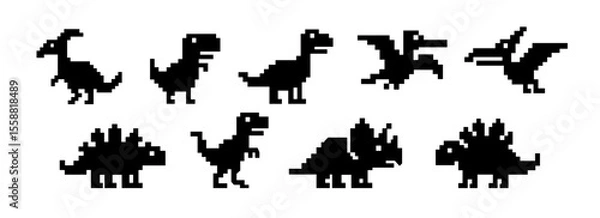 Obraz Dinosaur pixel game icon offline error. Cartoon dinosaur pixel icon art.