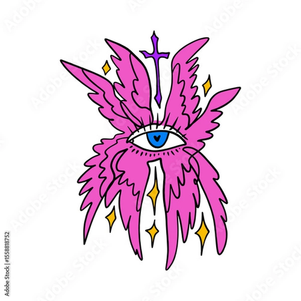 Fototapeta Bible cartoon pink accurate angel hand-drawn doodle psychedelic illustration with many eyes isolated clipart on white background. Perfect for tattoo or sticker or t shirt print and more. Be not afraid