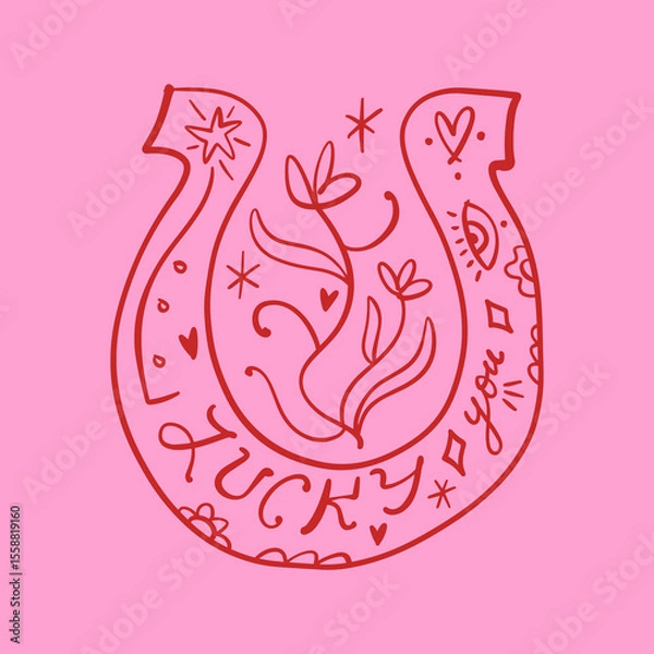 Fototapeta Cowgirl western art groovy boho hippie coquette aesthetic. Pink horseshoe with Lucky text lettering. Hand drawn line coloring art vector illustration clipart. Bohemian postmodern funky psychedelic