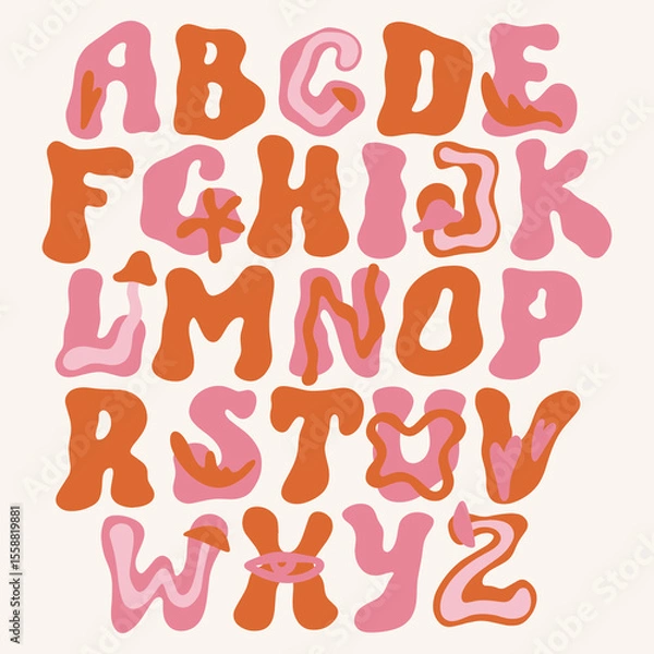 Fototapeta Groovy liquid positive vibe aesthetic hand-drawn bright color alphabet font with flowers and mushrooms in hippie bohemian groovy postmodern funky 1960s boho mushroomcore trendy psychedelic style