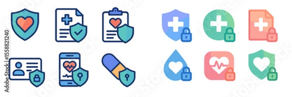 Fototapeta Health and medical icons illustrating care, data security, and digital health solutions in a vibrant design