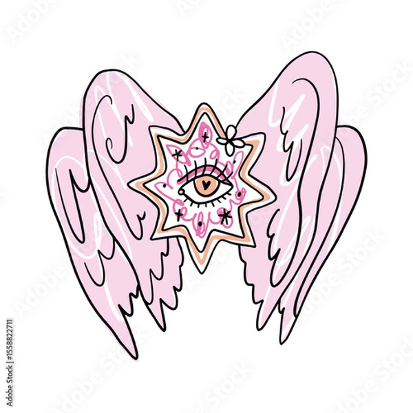 Fototapeta Bible cartoon pink accurate angel hand-drawn doodle psychedelic illustration with many eyes isolated clipart on white background. Perfect for tattoo or sticker or t shirt print and more. Be not afraid