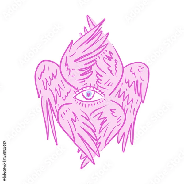 Fototapeta Bible cartoon pink accurate angel hand-drawn doodle psychedelic illustration with many eyes isolated clipart on white background. Perfect for tattoo or sticker or t shirt print and more. Be not afraid