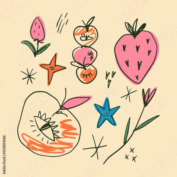 Fototapeta Cartoon summer fruits and berries travel beach holiday groovy stickers set vector illustration. Colorful hand-drawn isolated vacay collection of cute sketchy characters, vegan sweet food fruit