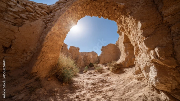 Fototapeta Exploring Ancient Desert Ruins Through a Weathered Stone Arch