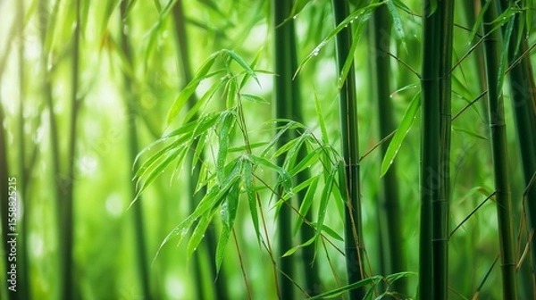 Fototapeta Vibrant bamboo forest with lush green stalks and leaves, creating a serene and peaceful atmosphere for relaxation.