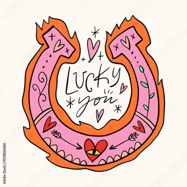 Fototapeta Cowgirl western art groovy boho hippie coquette aesthetic. Pink horseshoe with Lucky text lettering. Hand drawn line coloring art vector illustration clipart. Bohemian postmodern funky psychedelic