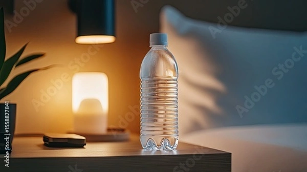 Fototapeta Mineral water bottle placed on a wooden nightstand with lamp in background at night