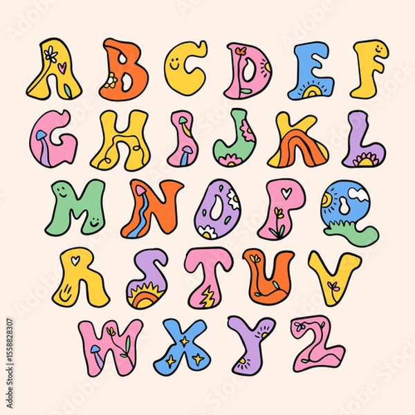 Fototapeta Groovy liquid positive vibe aesthetic hand-drawn bright color alphabet font with flowers and mushrooms in hippie bohemian groovy postmodern funky 1960s boho mushroomcore trendy psychedelic style