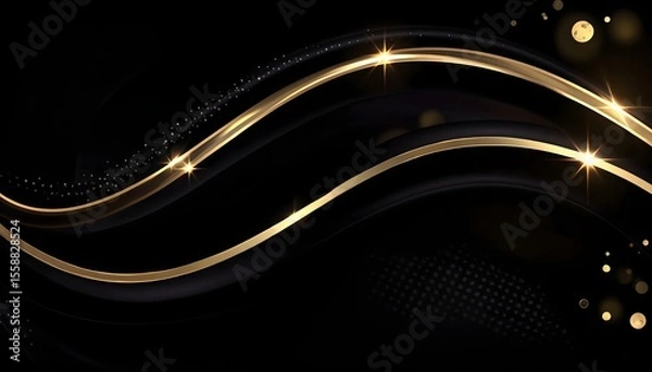 Fototapeta Elegant black background with flowing soft golden lines.