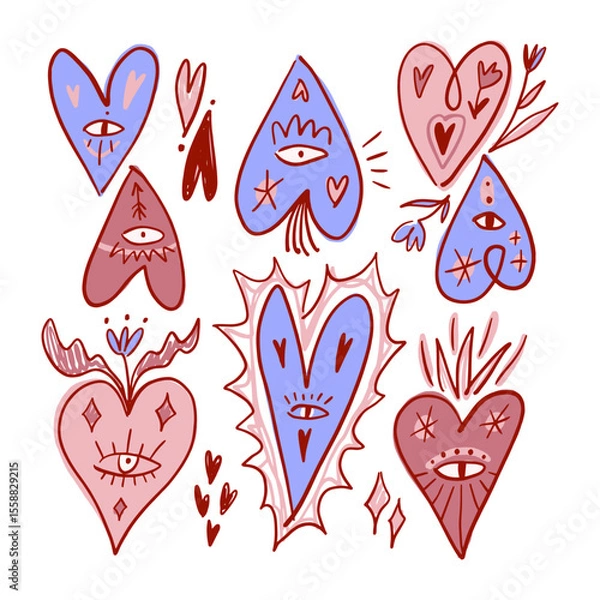 Fototapeta Set of groovy cartoon hand sketched doodle sacred hearts with eyes and floral elements couple mystical boho hippie drawn sketchy handmade blossom flowers heart cartoon vintage style illustration