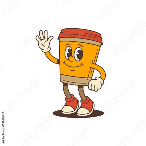 Obraz Coffee cup mascot standing in playful confident pose. Character waves energetically with open hand and smiles broadly, radiating friendliness and positive vibes for marketing and branding projects