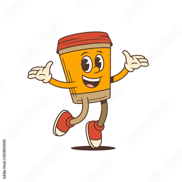Obraz Coffee cup character in dynamic mid-step pose with thumbs-up and open hand welcoming gesture. Ideal for branding, advertising, and social media projects seeking energetic, playful, and friendly vibes