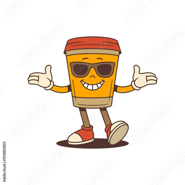 Obraz Coffee cup mascot with orange body wearing large sunglasses. Character stands in casual playful pose with thumbs-up and open hand gestures, radiating confidence and friendliness. Vector illustration