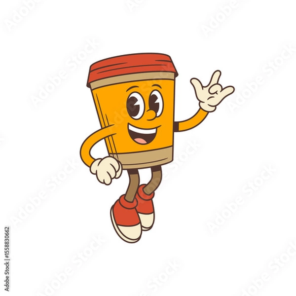 Obraz Coffee cup character in lively pose and ILY sign gesture conveying confidence and friendliness. Perfect for marketing, advertising, and social media designs needing energetic and playful vibes