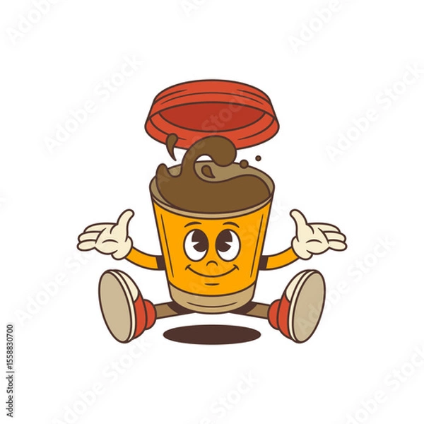 Obraz Funny coffee character sitting on the floor with open arms and joyful expression. Floating lid and swirling splash add playful energy. Perfect for branding, social media, and fun promotional materials