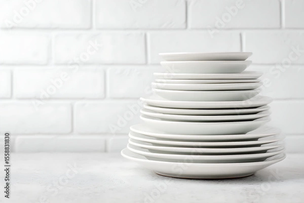 Obraz Simple Kitchen Scene with Stacked White Dinnerware