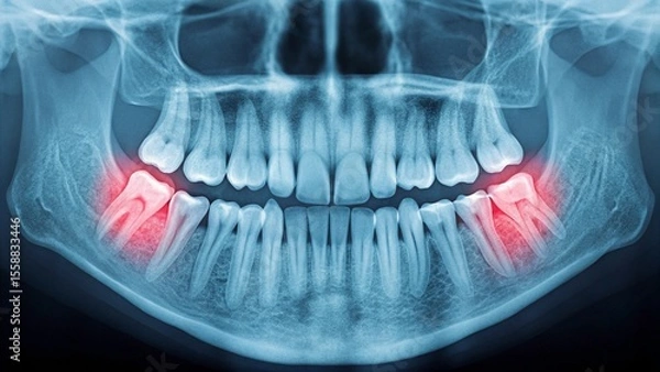 Fototapeta Frontal view of a human dental panoramic radiograph, clearly showing the upper and lower arches with inflamed or impacted wisdom teeth highlighted