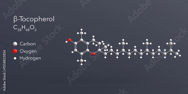 Fototapeta β-tocopherol molecule 3d rendering, flat molecular structure with chemical formula and atoms color coding