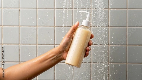 Fototapeta A hand holding a pump bottle of shampoo or conditioner under a steady stream of shower water, against a background of gray tiled walls. Ideal for themes of personal hygiene, hair care