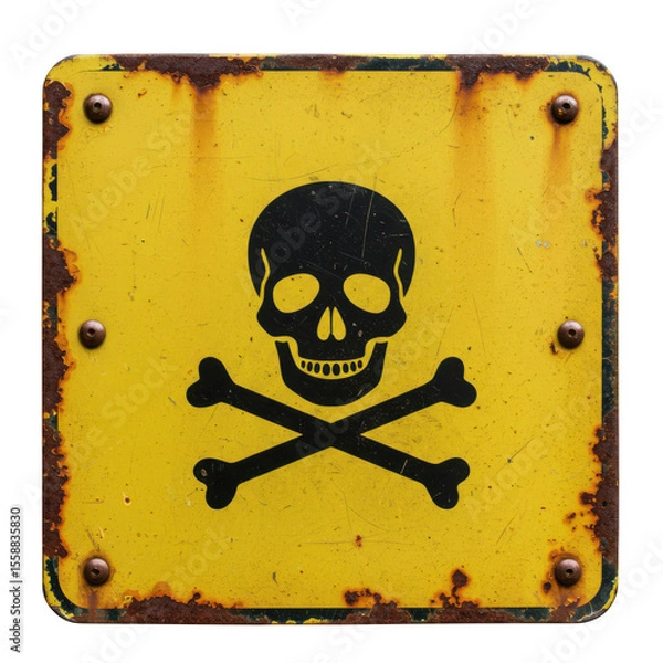 Fototapeta Weathered and rusty yellow square warning sign featuring a black skull and crossbones symbol indicating danger or poison isolated on transparent background