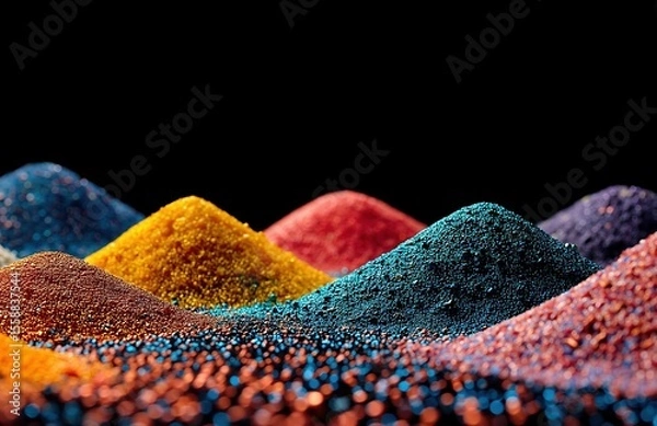 Obraz Assortment of metallic ores and minerals including gold, copper, iron, bismuth piled on dark surface, industrial raw materials resource concept for manufacturing and geology.​