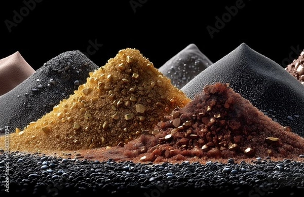 Obraz Assortment of metallic ores and minerals including gold, copper, iron, bismuth piled on dark surface, industrial raw materials resource concept for manufacturing and geology.​