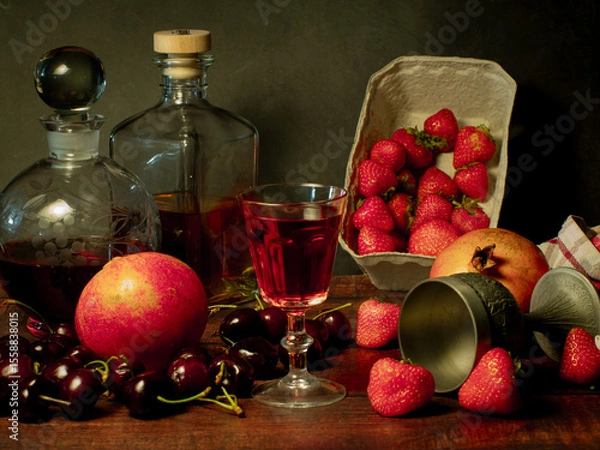 Obraz Still life with rose flowers, summer fruits, bottles of wine and a glass of wine. Pomegranate, cherry, sweet cherry, strawberry and watermelon. Alcohol. The still life is stylized as an old painting.
