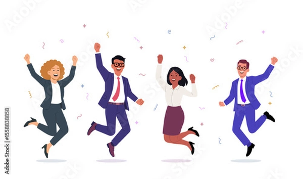 Obraz Happy business character people office team. Cartoon happy business person jump flat employee success joy illustration.