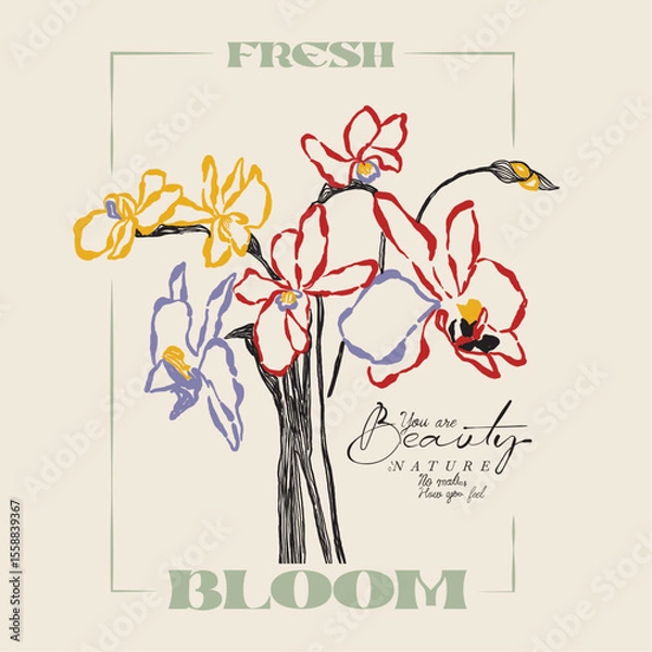 Obraz Vintage Line flowers print, flowers vector graphics. summer tropical flowers. printed t-shirt design for men and women's, flower graphic in vector, fresh bloom slogan text print design