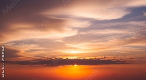Fototapeta Fiery Sunset with Orange and Purple Sky and Wispy Clouds