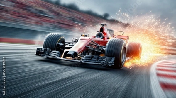 Fototapeta A red Formula 1 race car speeds around a track corner, sparks flying from its rear tires, creating a sense of speed and action.
