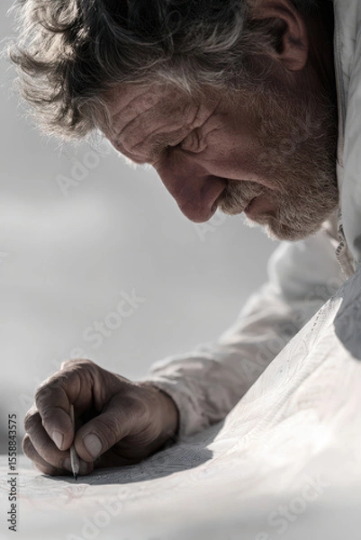 Fototapeta focused seismologist analyzing seismic activity records portrait on left side of frame hands out of shot